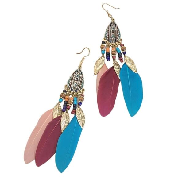 Multicolor dangle Feathers and Beaded Earrings - Picture 1 of 3